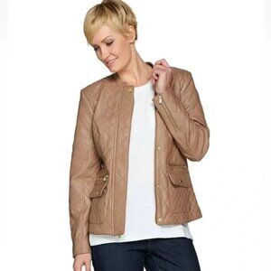 Isaac Mizrahi tan lamb leather Barn Jacket Quilted Women's Size 28W